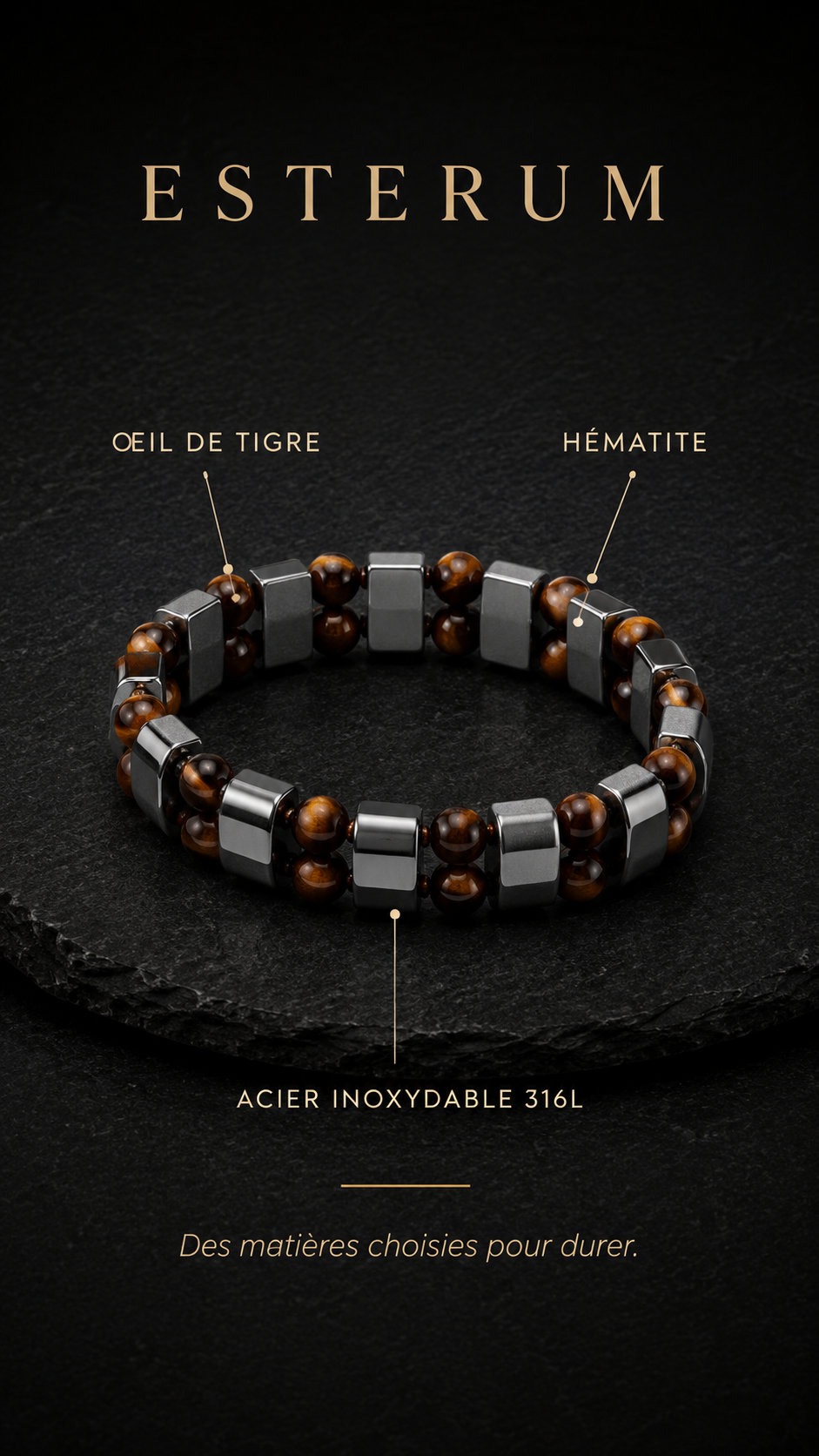 Bracelet Double Rang Œil de Tigre & Hématite