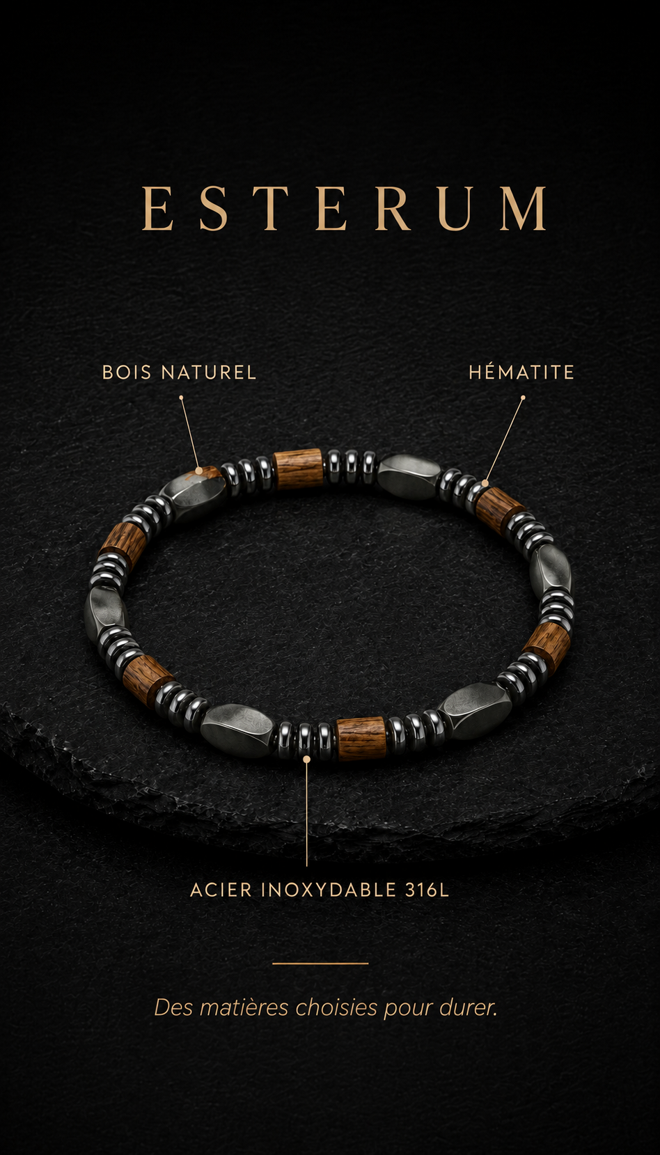 Bracelet  Bois Naturel & Hématite