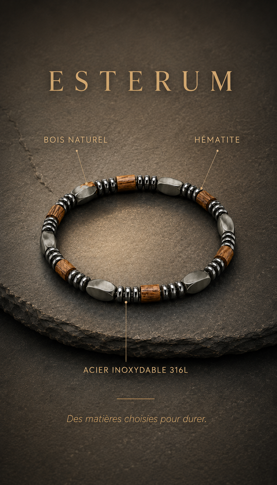 Bracelet  Bois Naturel & Hématite