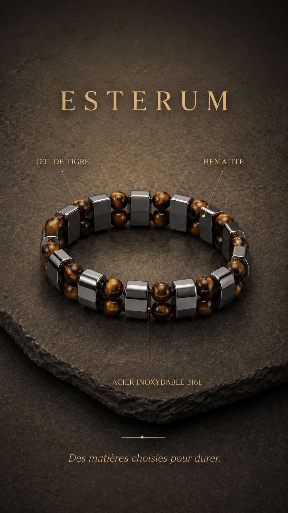 Bracelet Double Rang Œil de Tigre & Hématite