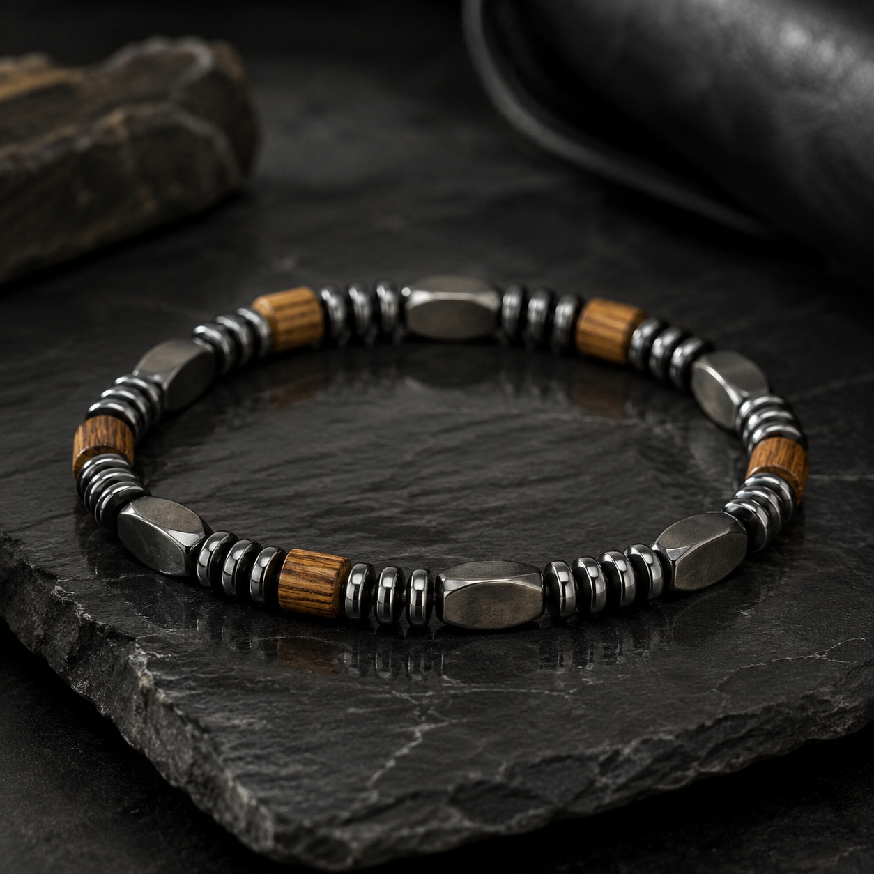 Bracelet  Bois Naturel & Hématite
