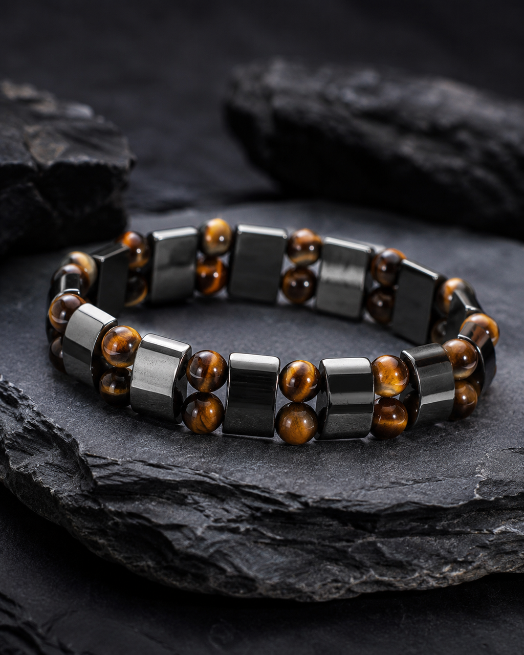 Bracelet Double Rang Œil de Tigre & Hématite