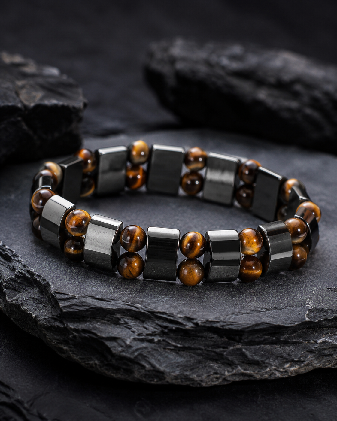 Bracelet Double Rang Œil de Tigre & Hématite
