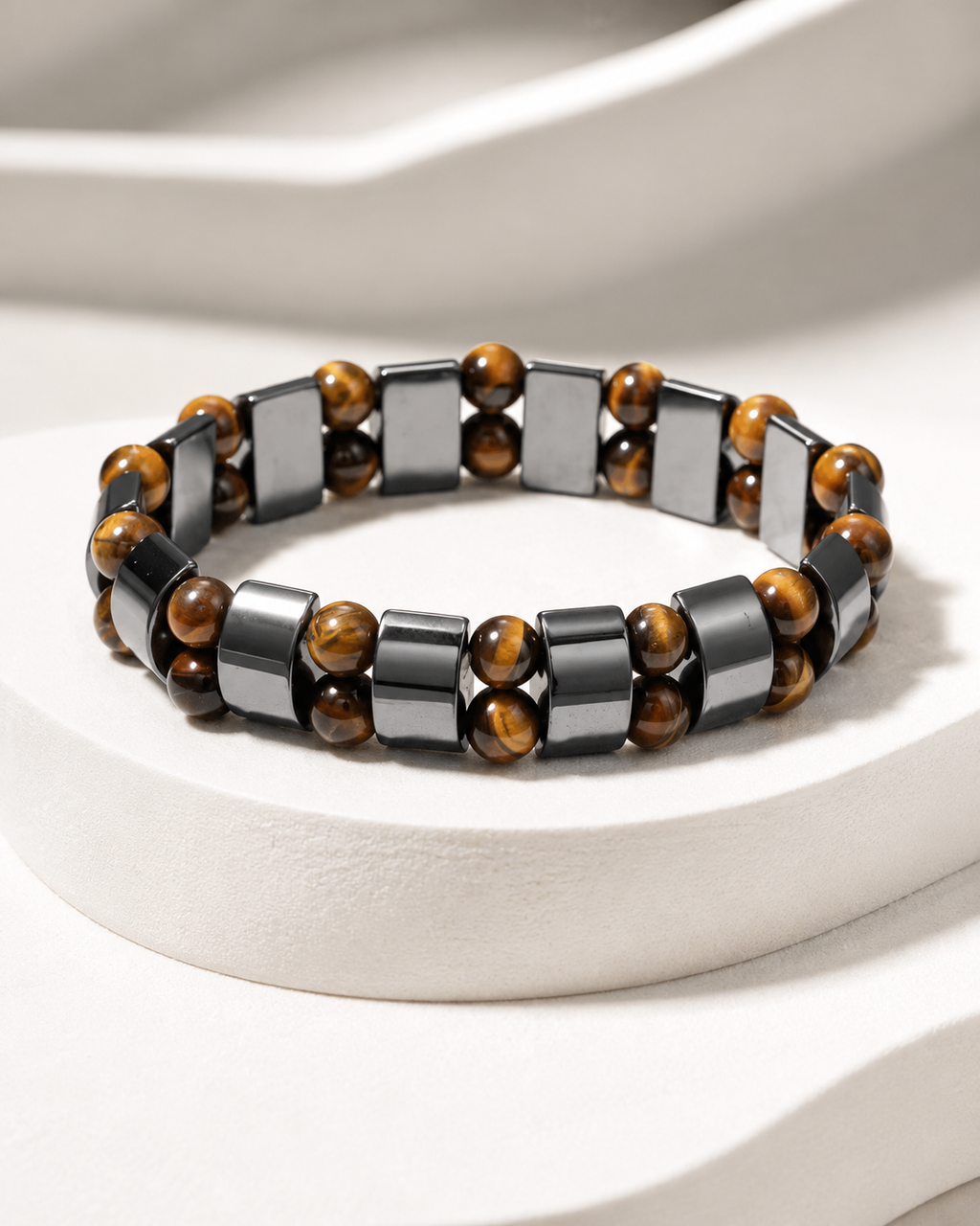Bracelet Double Rang Œil de Tigre & Hématite