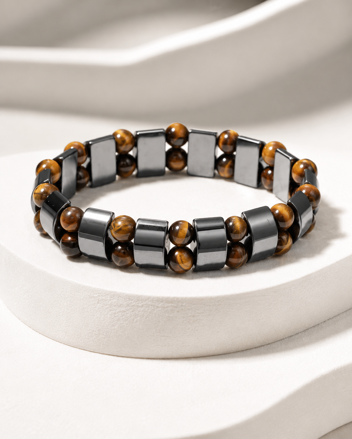 Bracelet Double Rang Œil de Tigre & Hématite