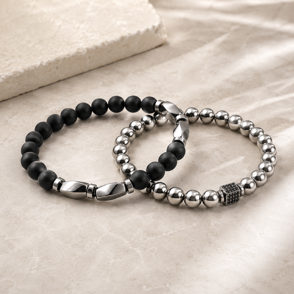 Duo de bracelets Agathe Noire et Hématite